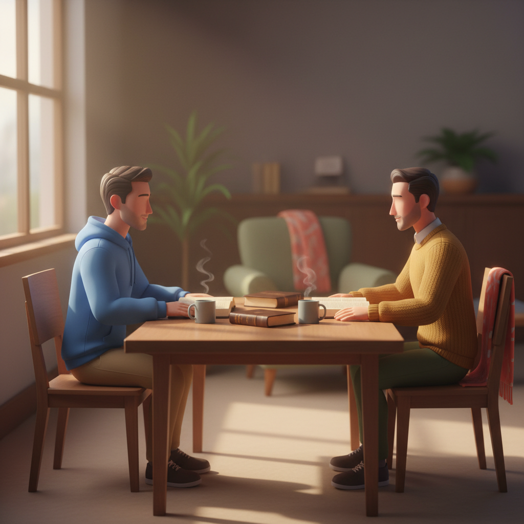 Dois líderes cristãos em conversa de accountability numa sala simples de igreja