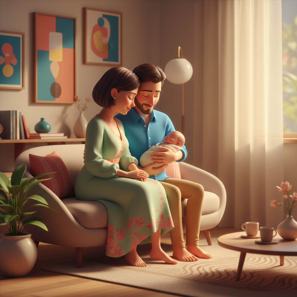 Casal brasileiro segurando bebê recém-adotado com expressão de amor e acolhimento