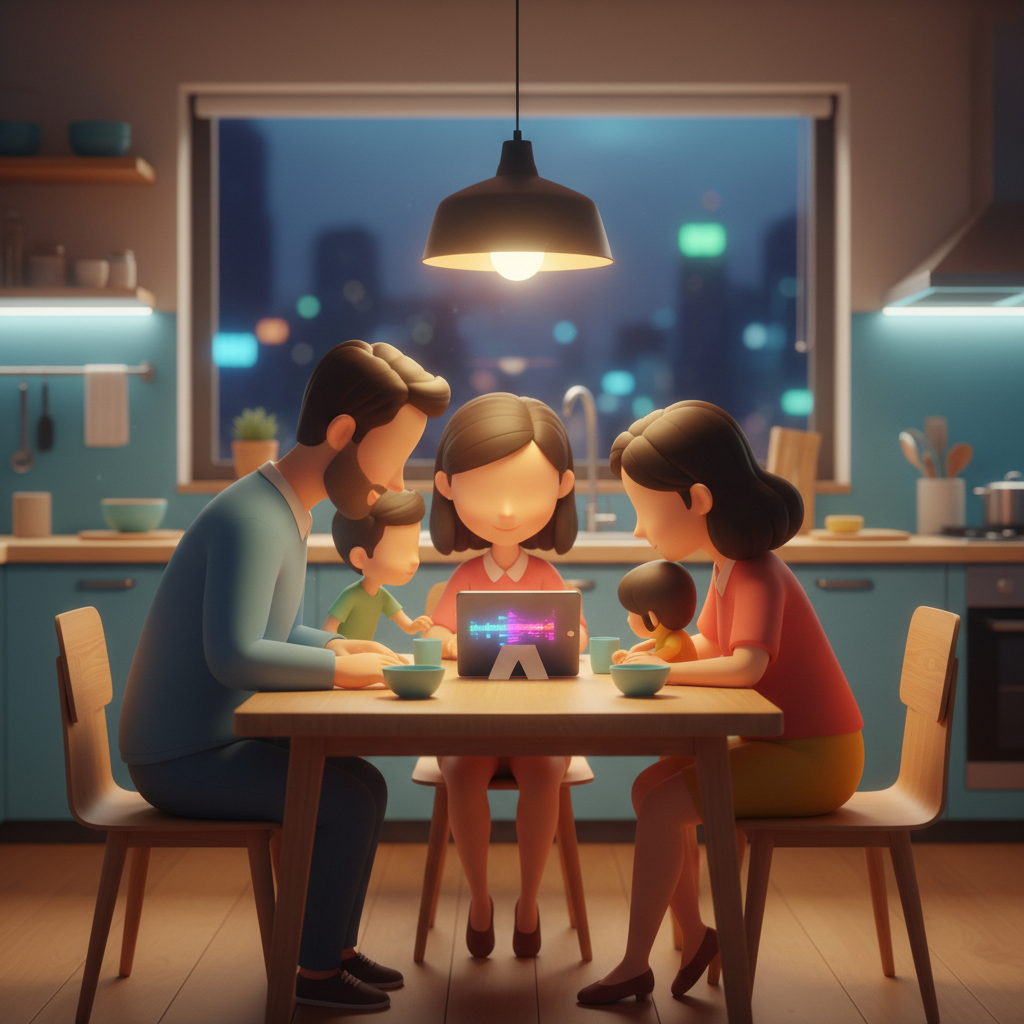 Família brasileira cantando junta em casa à noite, com luz quente na cozinha