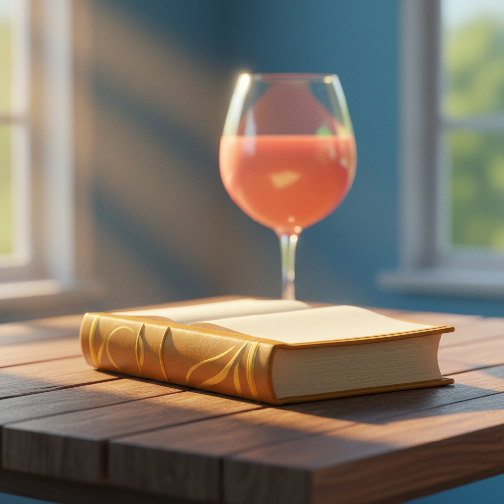 Bíblia aberta sobre mesa de madeira com taça de vinho desfocada ao fundo