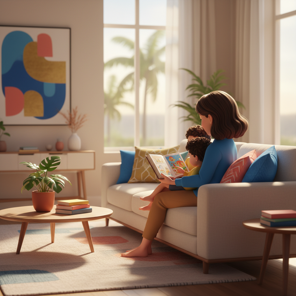 Mãe lendo a Bíblia ilustrada para seus filhos pequenos na sala de casa