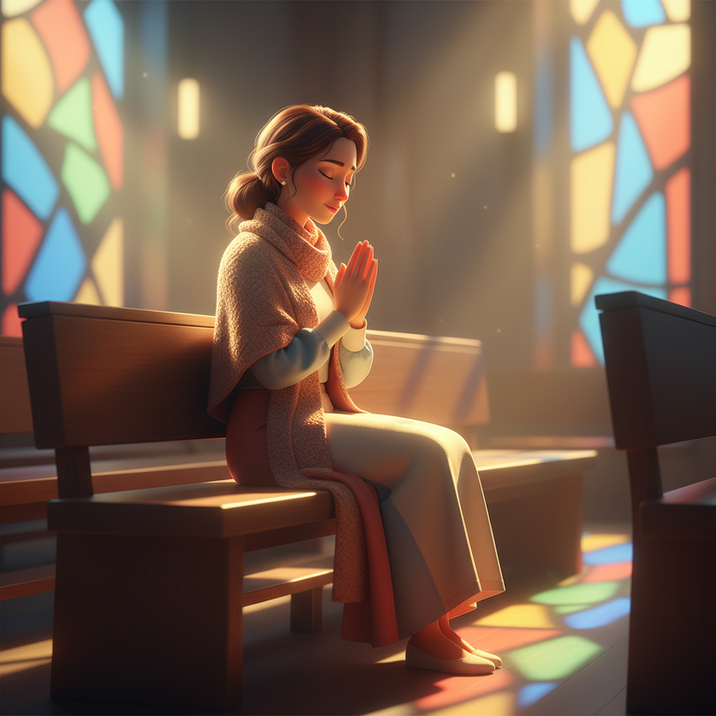 Mulher brasileira orando em banco de igreja com luz suave ao fundo