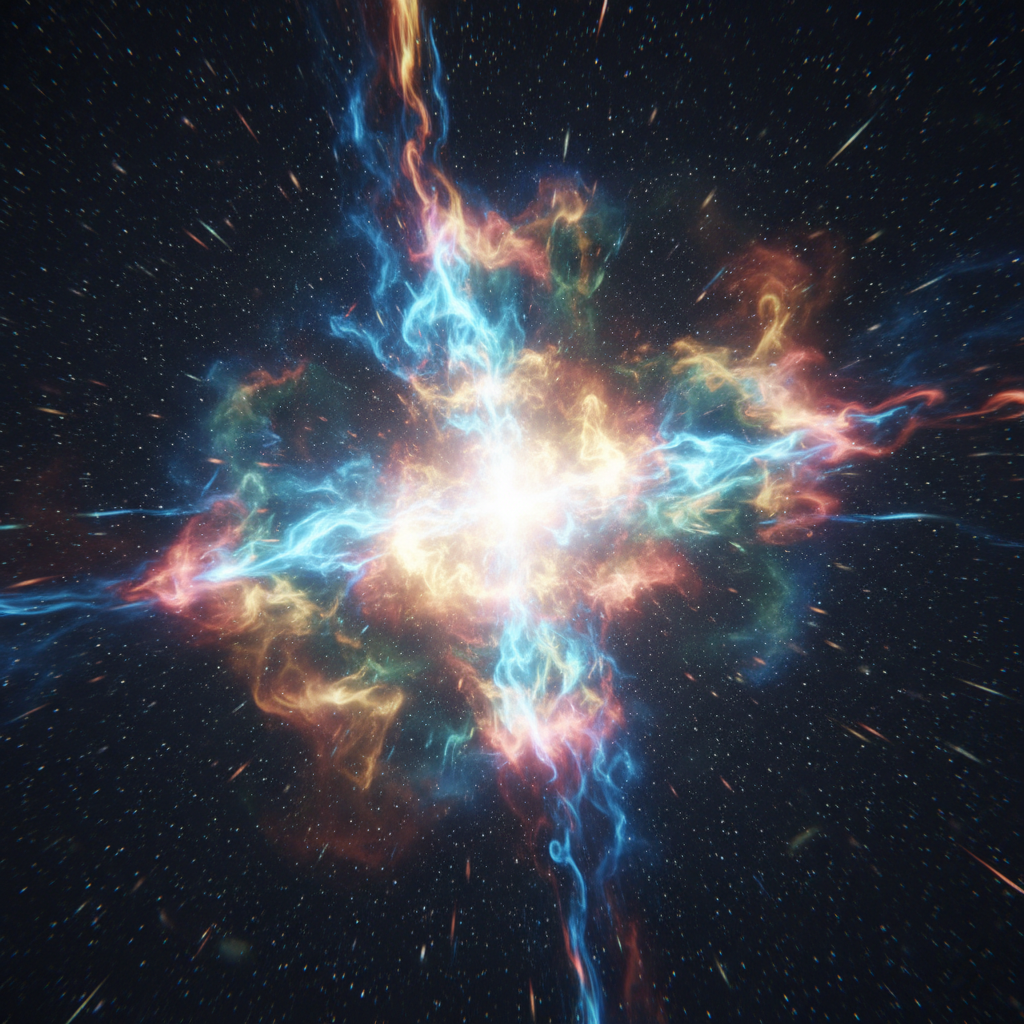 Universo estrelado com uma explosão de luz ao centro representando a origem do cosmos