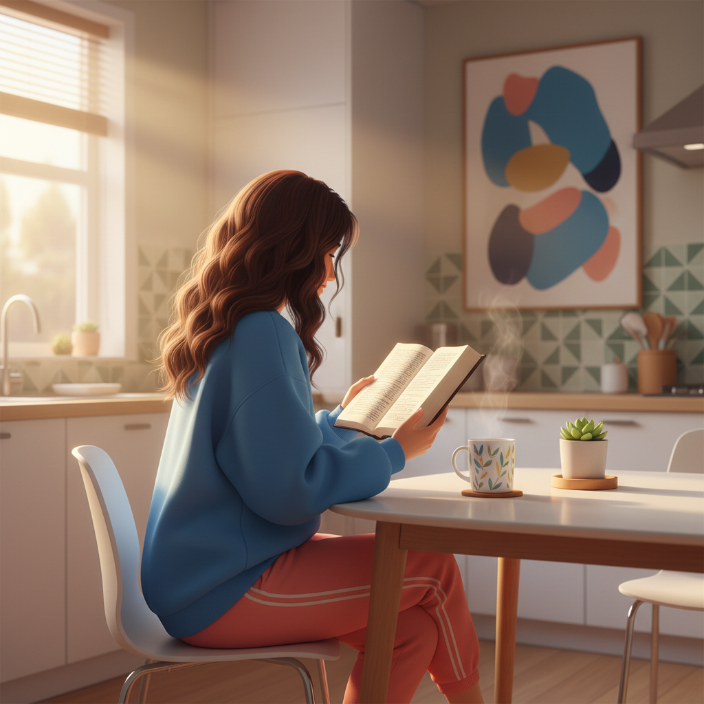 Mulher brasileira lendo a Bíblia na mesa da cozinha pela manhã