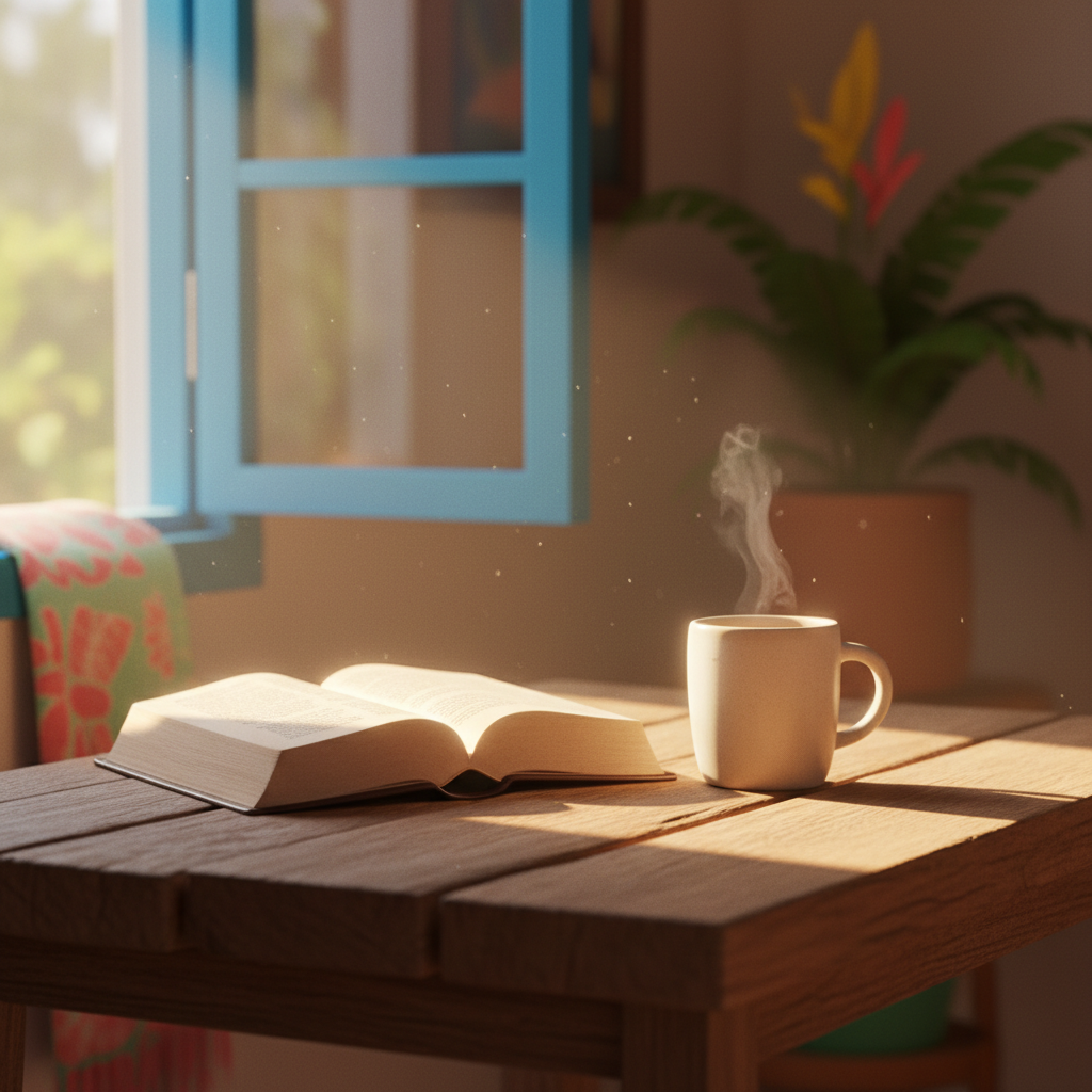 Bíblia aberta sobre mesa rústica com café ao lado, luz suave da manhã em lar brasileiro