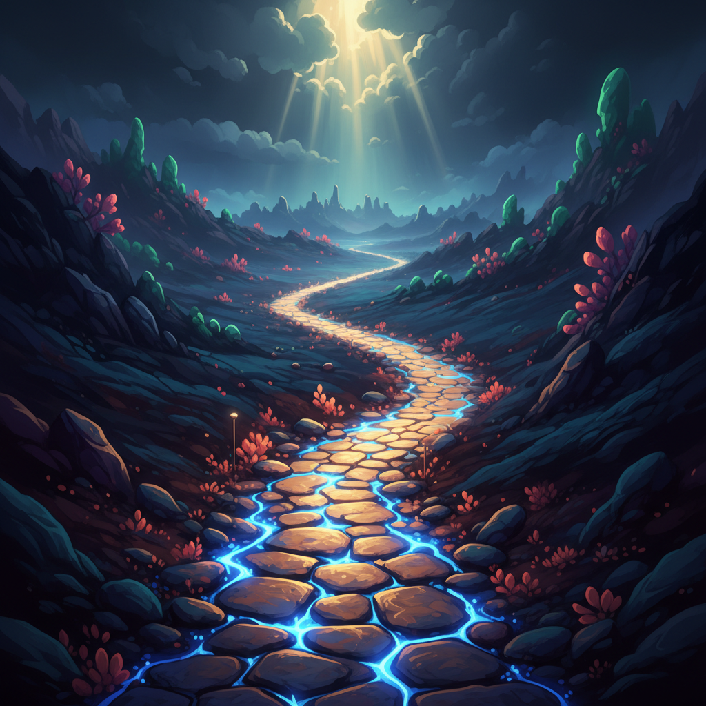 Caminho estreito de luz em contraste com trevas profundas, paisagem bíblica