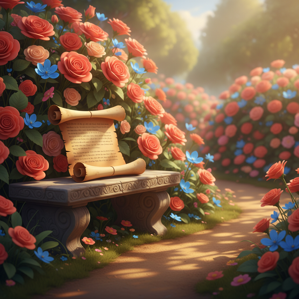 Pergaminho aberto ao lado de jardim florido, evocando o Cântico dos Cânticos