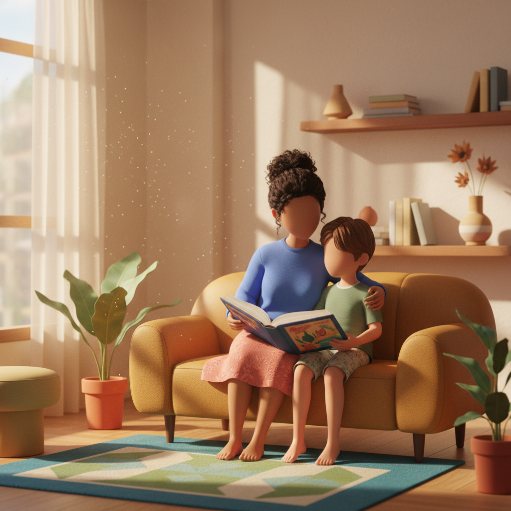 Mãe brasileira lendo a Bíblia com filho com necessidades especiais em sala de estar iluminada pelo sol