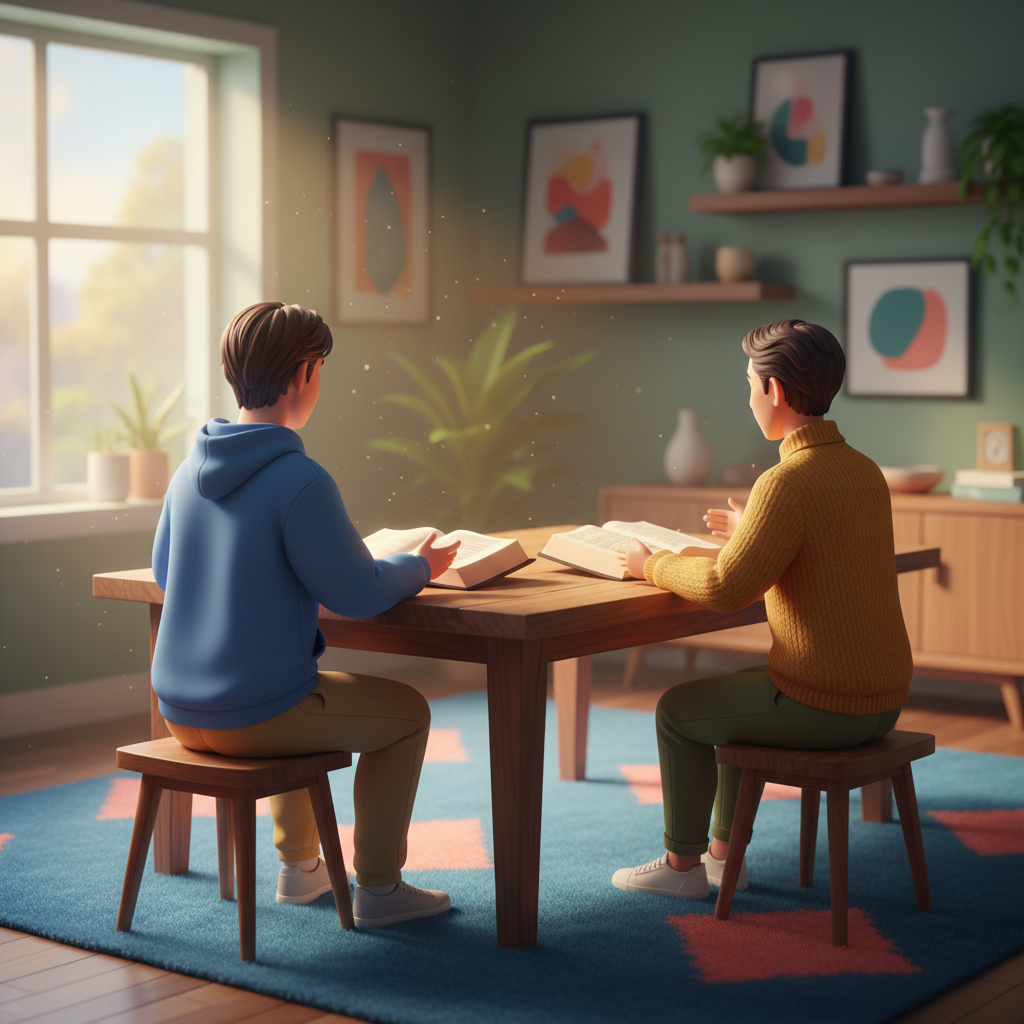 Dois homens conversando com Bíblias abertas sobre uma mesa de madeira, em diálogo respeitoso