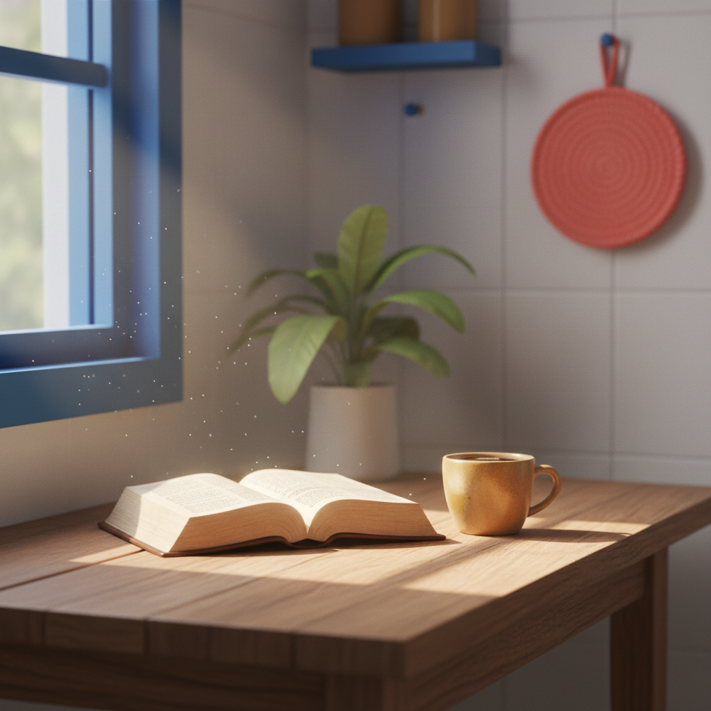 Bíblia aberta sobre mesa de cozinha simples com luz suave da manhã