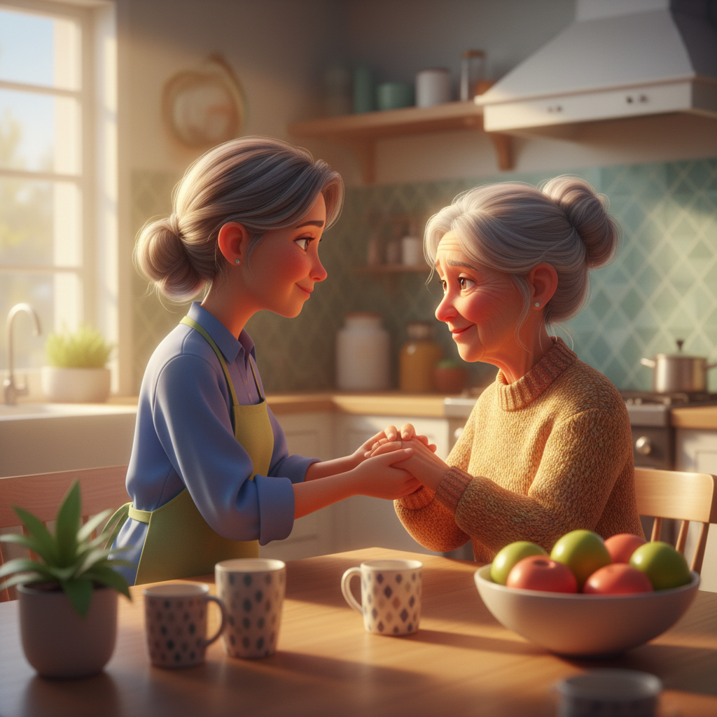 Filha adulta segurando a mão da mãe idosa em cozinha iluminada pelo sol