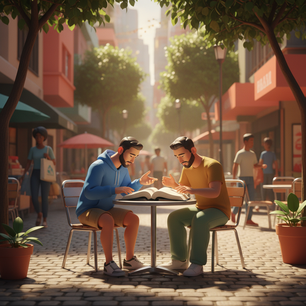 Dois homens estudando a Bíblia em uma mesa de café no centro da cidade