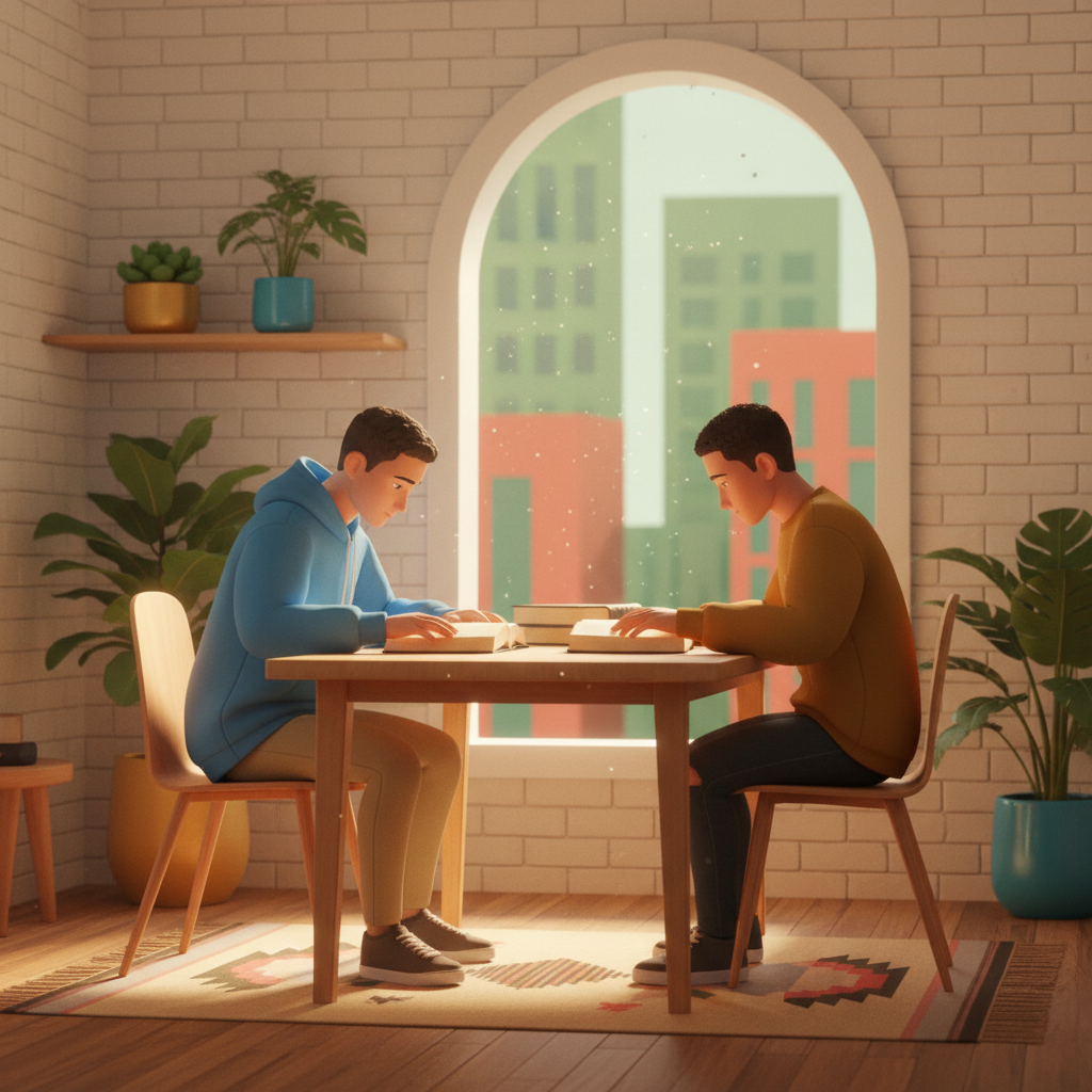 Dois homens estudando a Bíblia juntos em casa, representando discipulado relacional