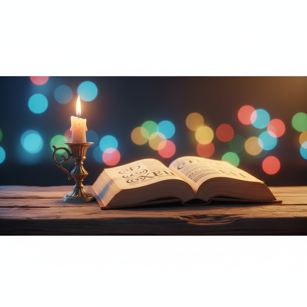 Bíblia antiga aberta sobre mesa rústica sob luz de vela, evocando estudo das Escrituras