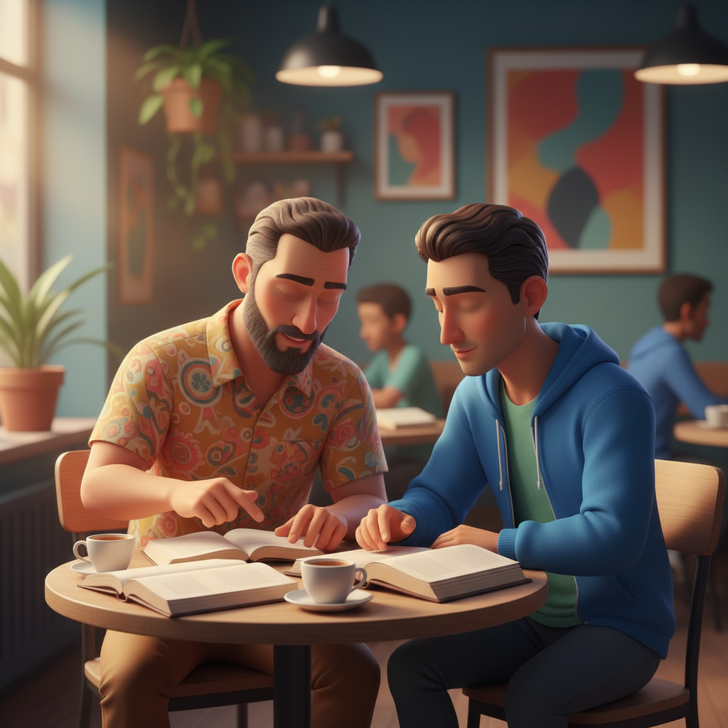 Homem mais velho ensinando jovem com Bíblia aberta em café brasileiro