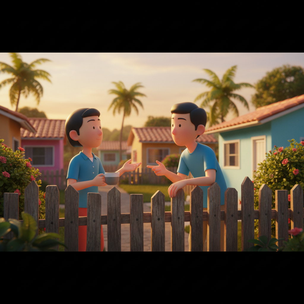 Dois vizinhos conversando sobre a cerca em bairro brasileiro, luz de tarde, conversa genuína