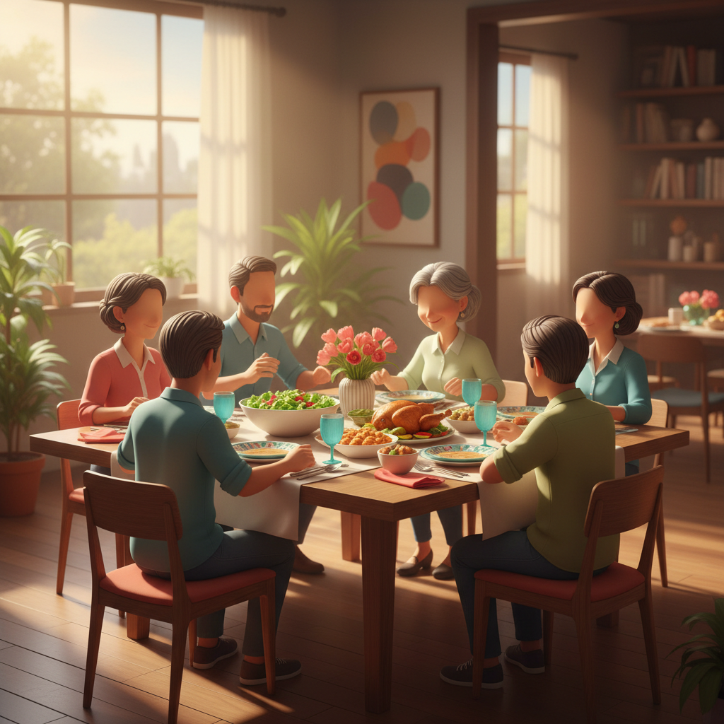 Família brasileira reunida ao redor da mesa de almoço de domingo, com luz quente e clima agradável