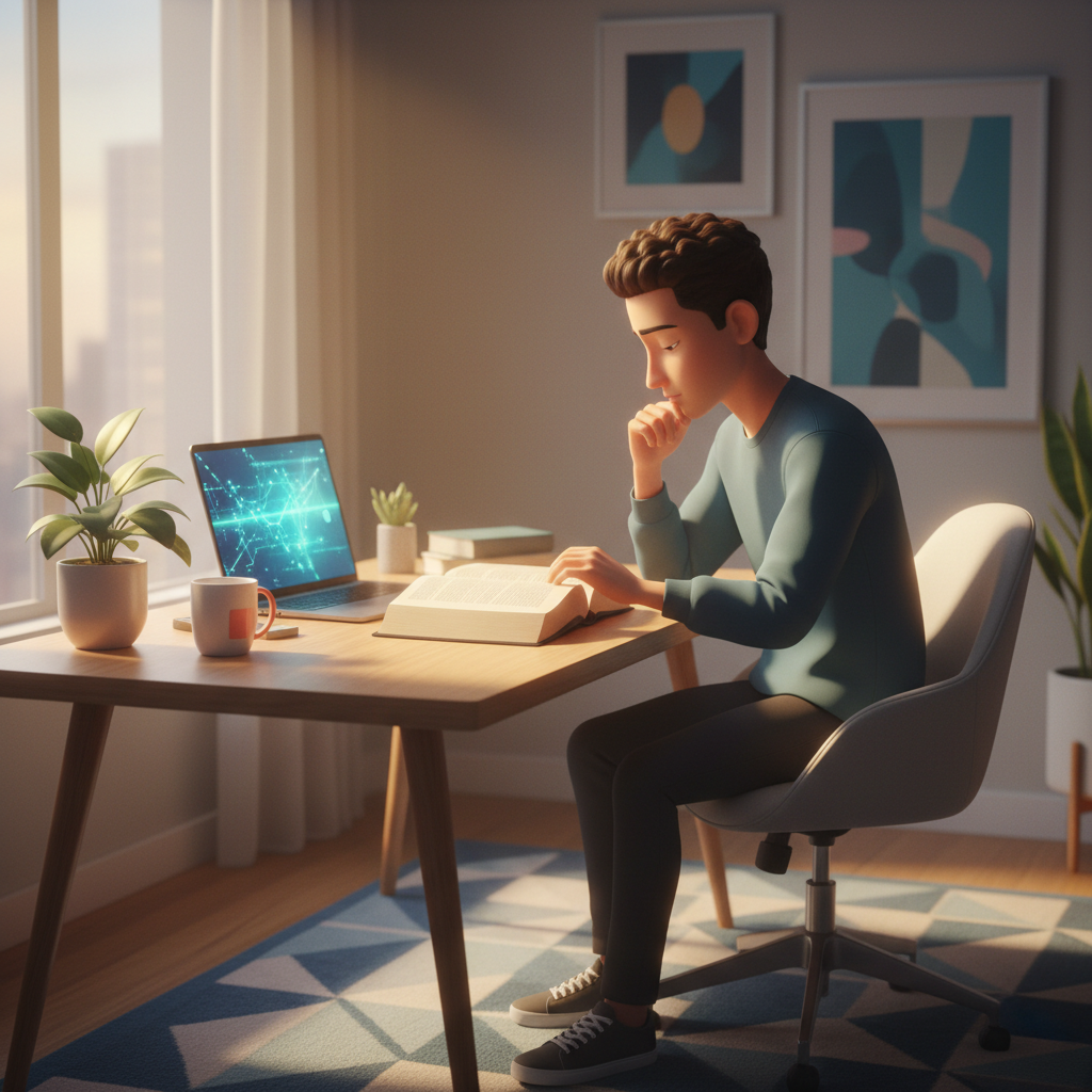 Jovem cristão estudando a Bíblia com laptop na mesa ao amanhecer