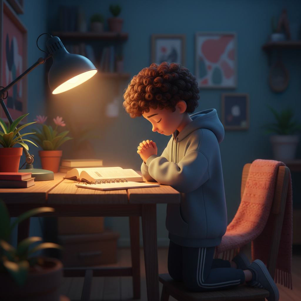 Jovem estudante orando sobre Bíblia aberta e caderno à luz de uma luminária