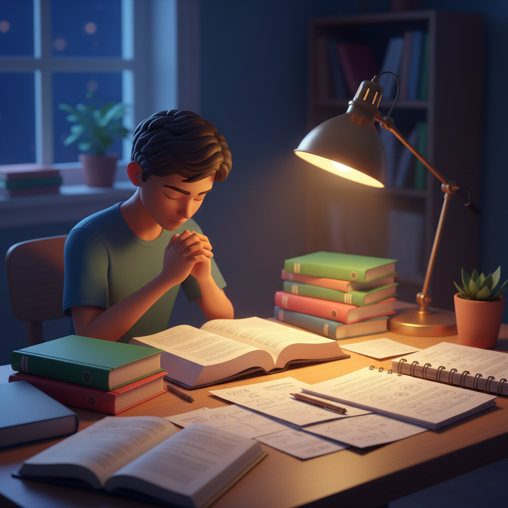 Jovem cristão orando sobre cadernos e Bíblia aberta durante estudo noturno para o vestibular