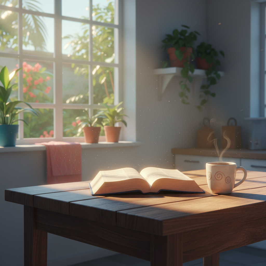 Bíblia aberta sobre mesa de cozinha simples com xícara de café ao amanhecer