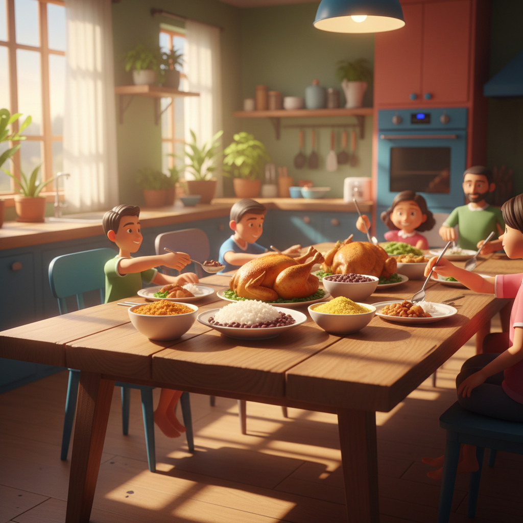 Família brasileira reunida ao redor de uma mesa farta com comida típica brasileira em cozinha iluminada