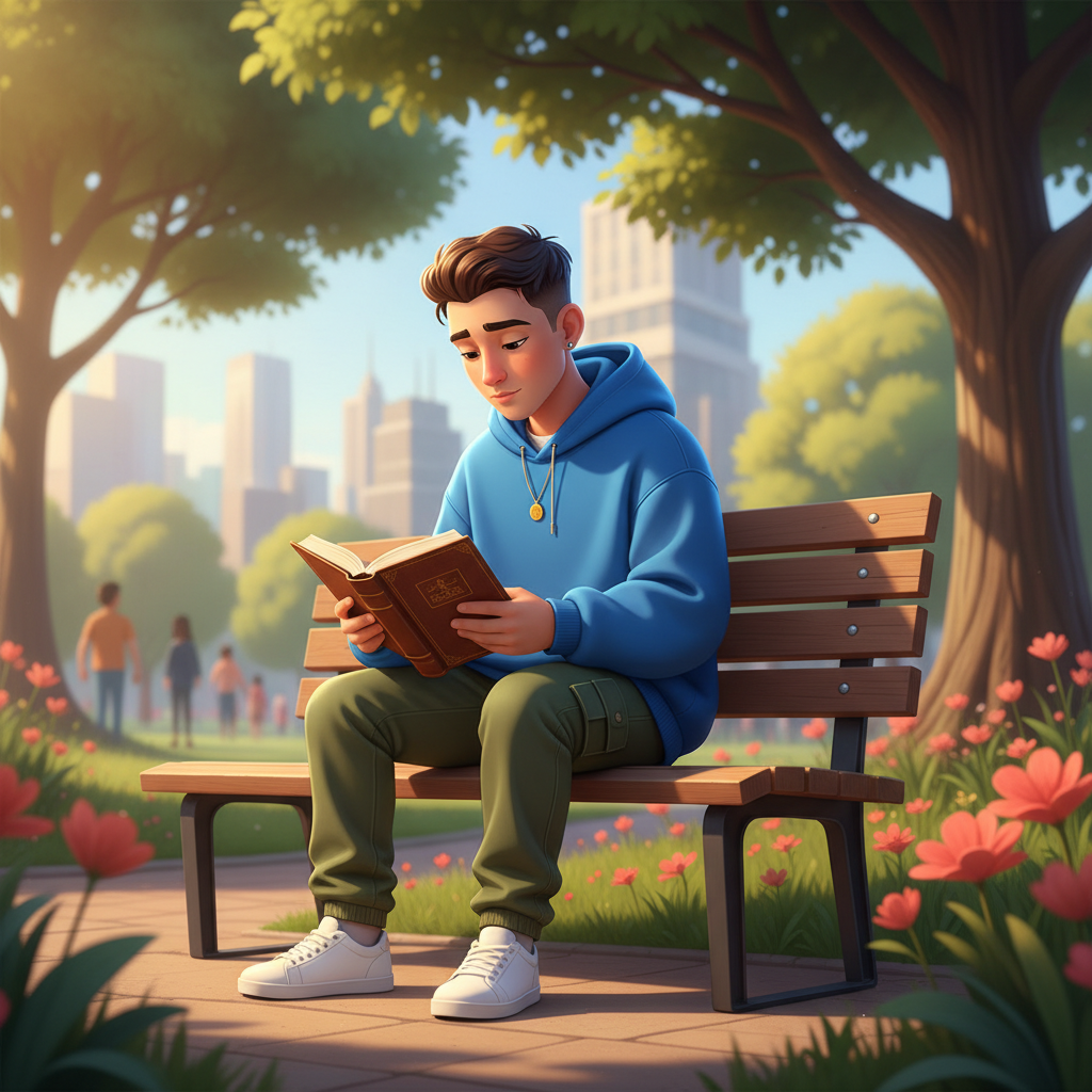 Jovem brasileiro lendo a Bíblia em parque, expressão reflexiva e serena