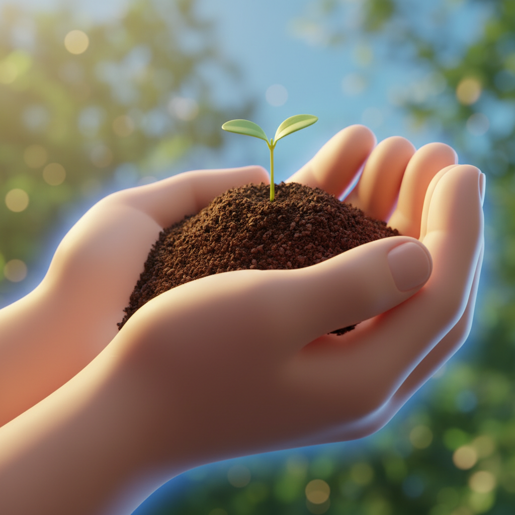Mãos humanas segurando terra com uma muda verde, representando o cuidado com a criação como expressão da imagem de Deus