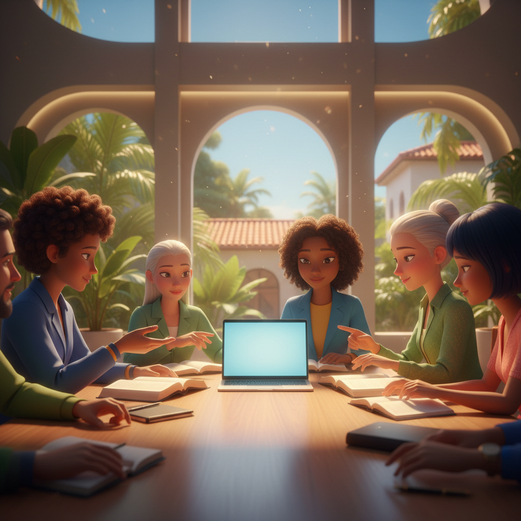 Líderes de igreja reunidos ao redor de mesa com Bíblias abertas e notebook, luz natural quente