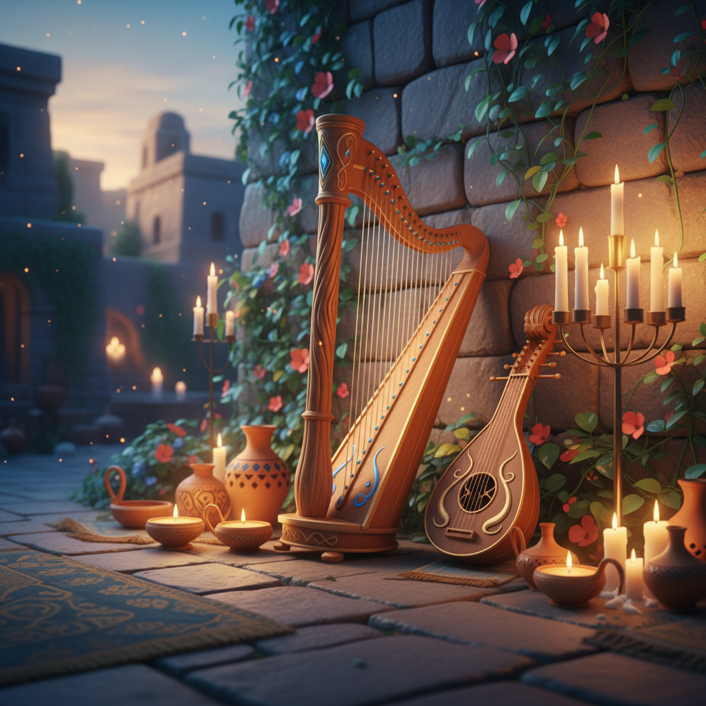 Instrumentos musicais antigos como harpa e lira em cenário bíblico iluminado por vela