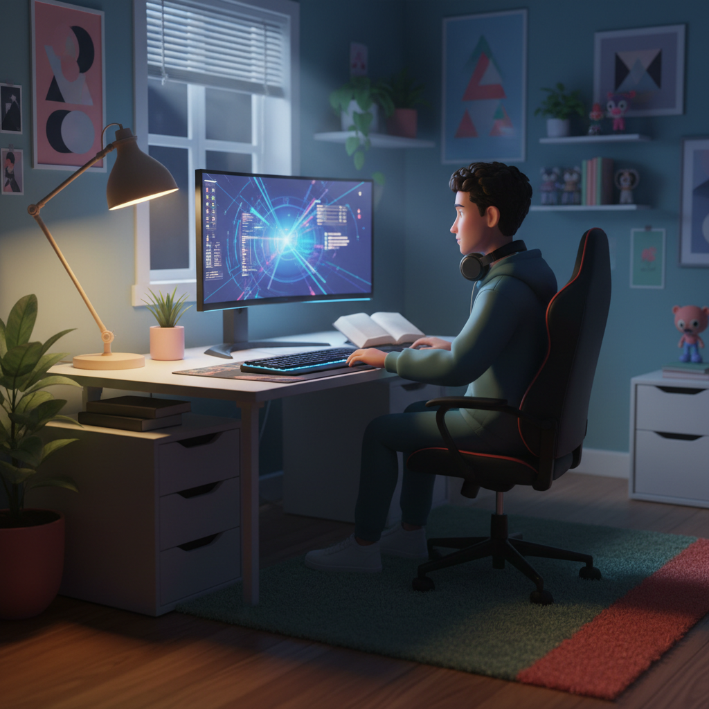 Jovem brasileiro em frente ao computador com a Bíblia aberta ao lado do teclado durante a noite