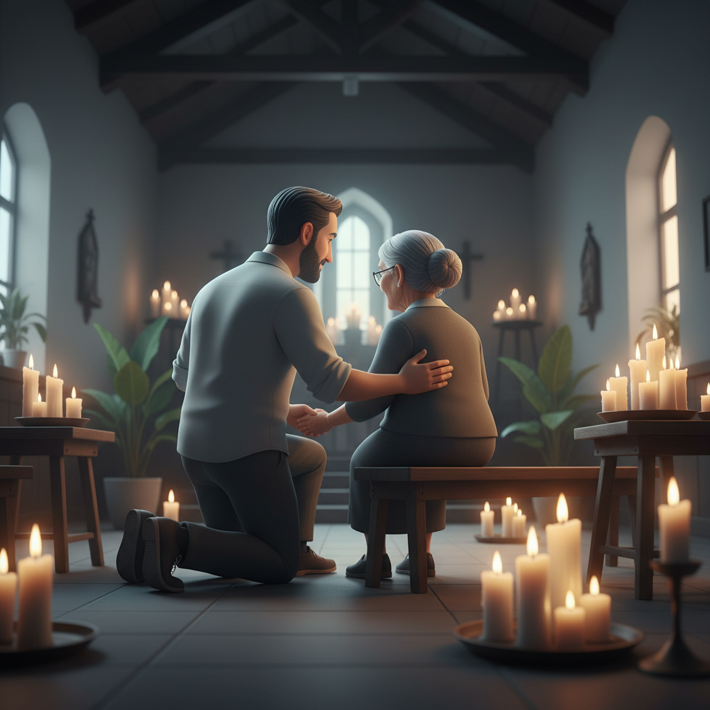 Pastor ajudando senhora idosa em salão de igreja simples, fotografia em preto e branco com luz de vela