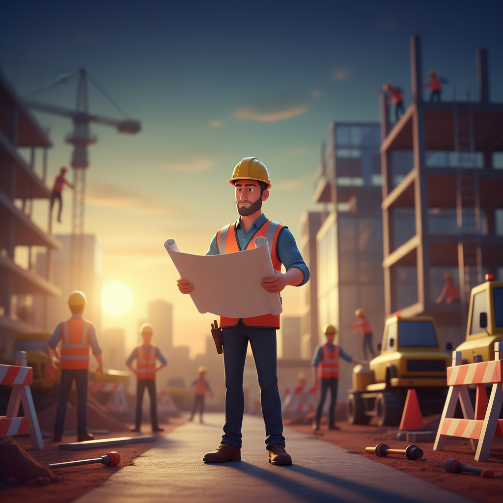 Homem analisando plantas de construção ao amanhecer, representando planejamento estratégico e liderança