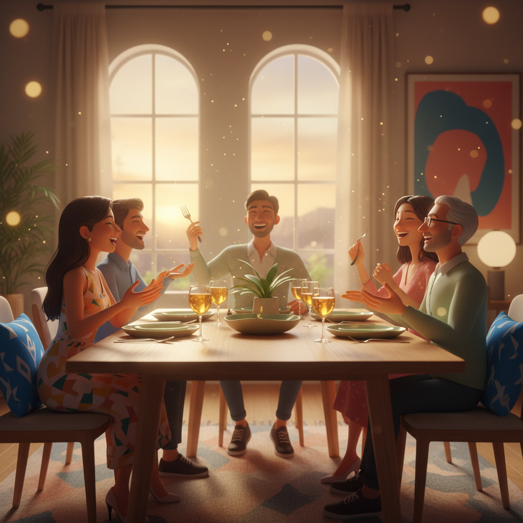 Família brasileira reunida à mesa de jantar sem celulares, em conversa genuína