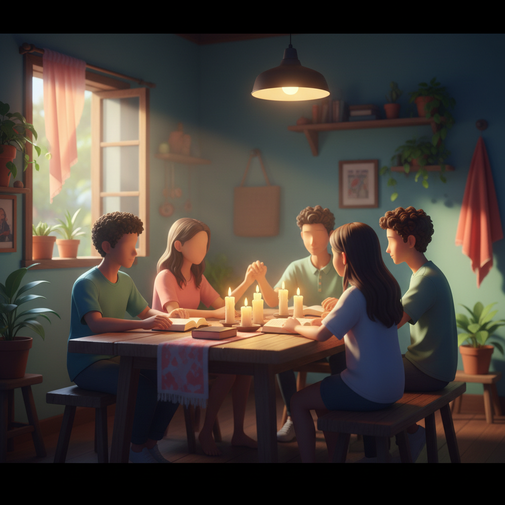 Grupo de cristãos orando juntos em uma casa simples brasileira