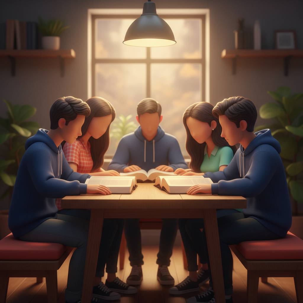 Grupo de jovens brasileiros em círculo de discipulado com Bíblias abertas sobre mesa de madeira