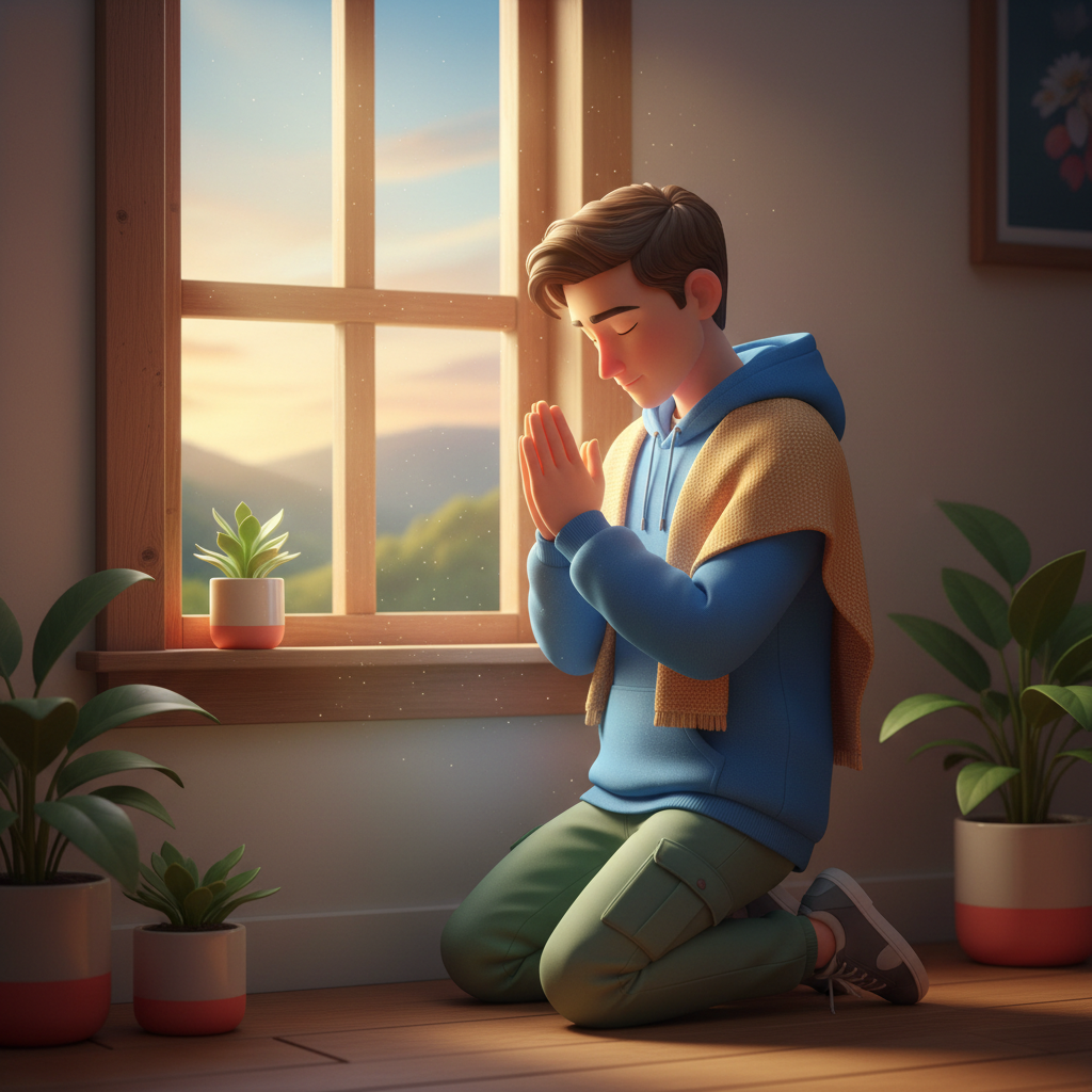 Jovem orando ao amanhecer junto a uma janela de madeira com luz dourada
