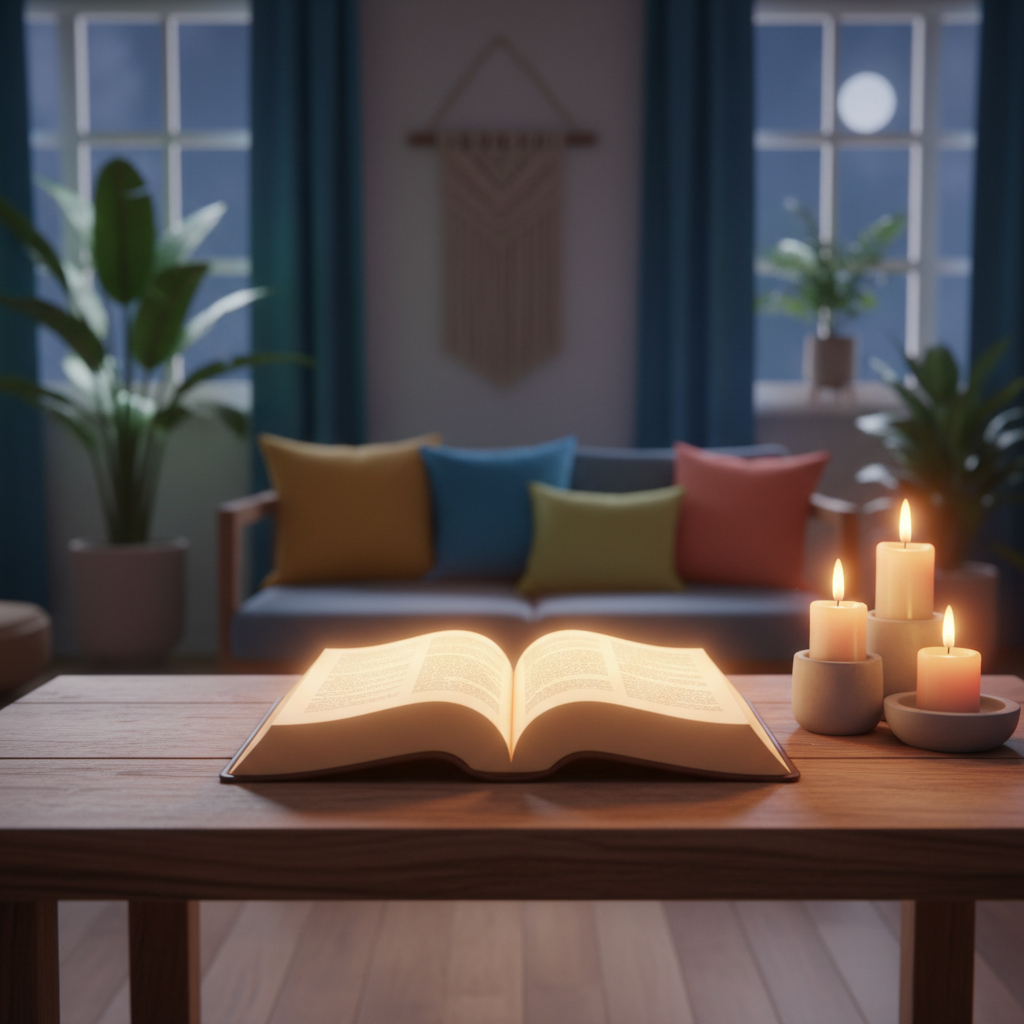 Bíblia aberta com luz suave iluminando as páginas em um lar brasileiro à noite