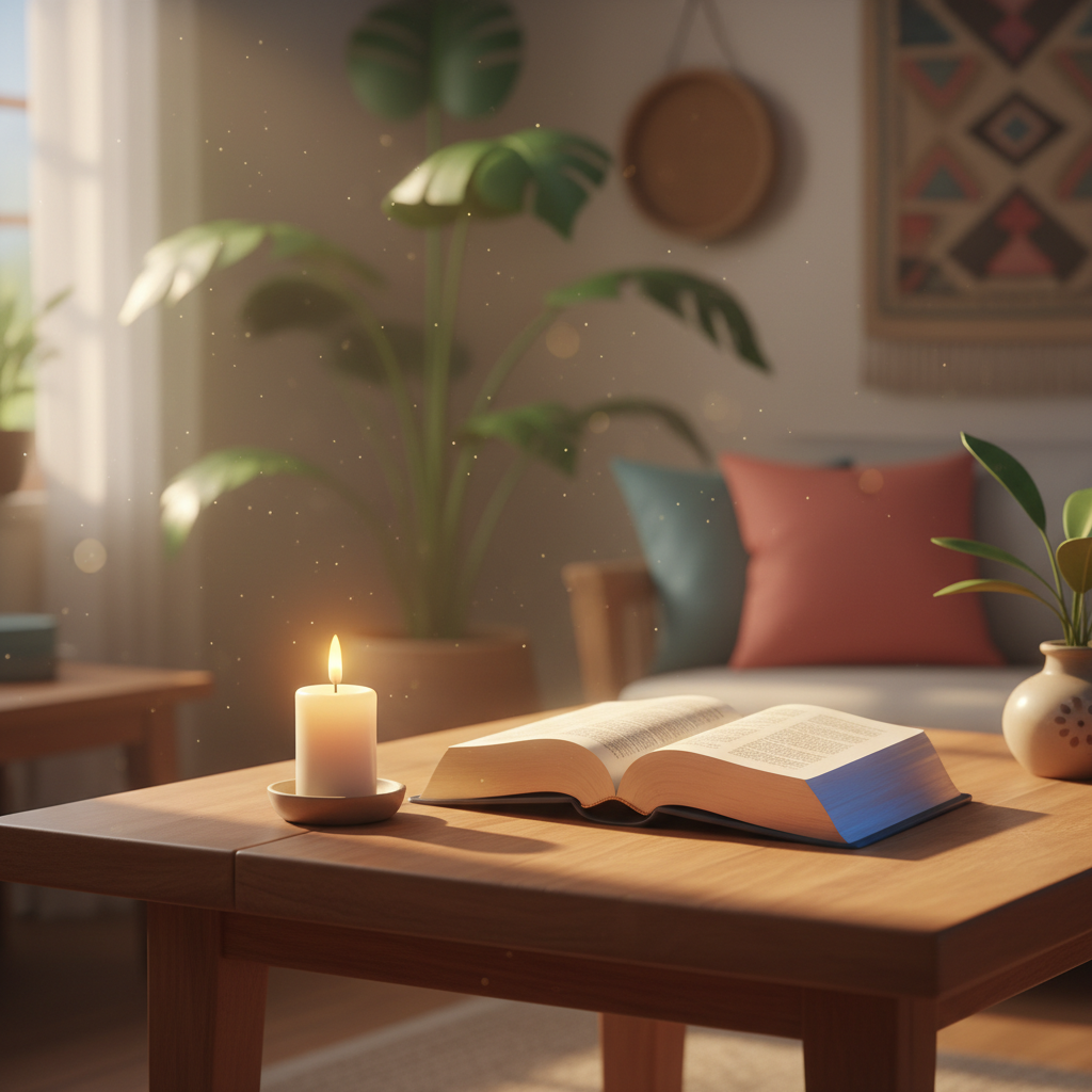 Bíblia aberta e vela acesa sobre mesa simples ao amanhecer, preparação para a adoração