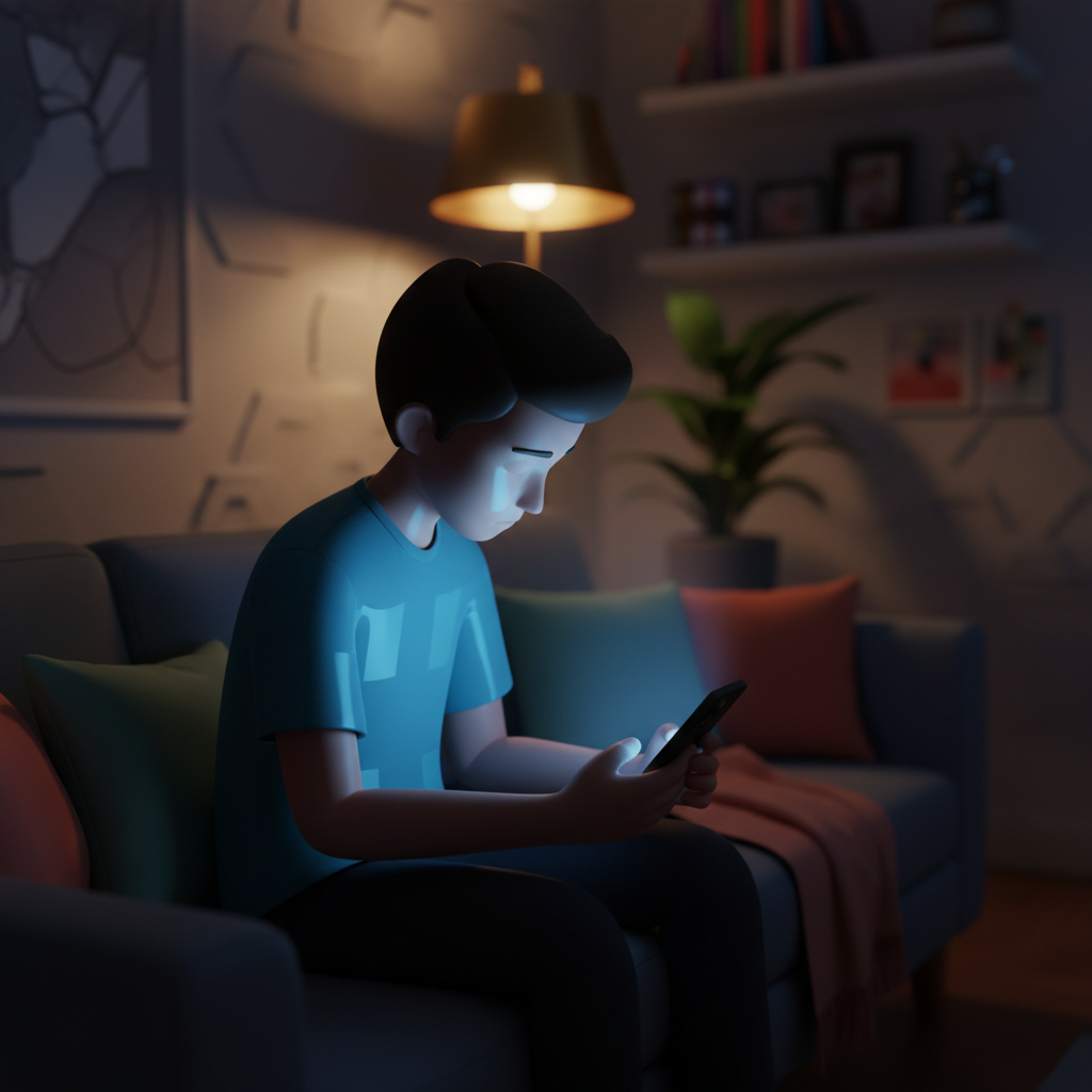 Pessoa sozinha à noite iluminada pela tela do celular, refletindo sobre o uso das redes sociais