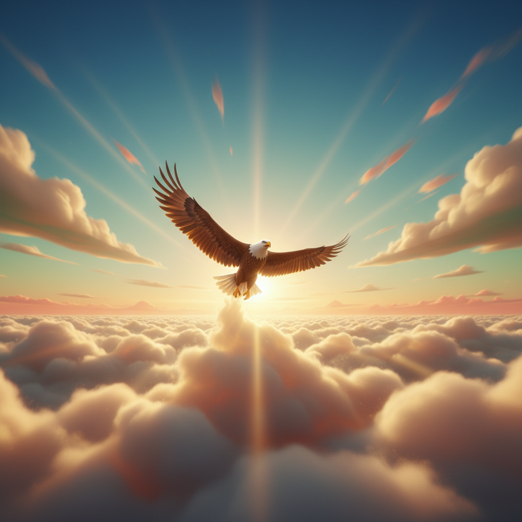 Águia voando alto entre nuvens douradas ao nascer do sol — imagem que ilustra Isaías 40.31