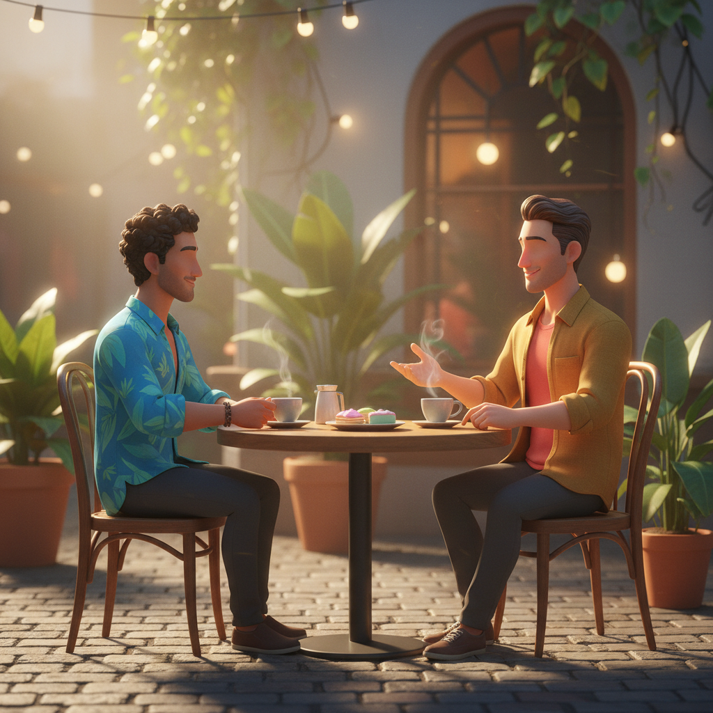 Dois homens de origens diferentes conversando respeitosamente em um café brasileiro
