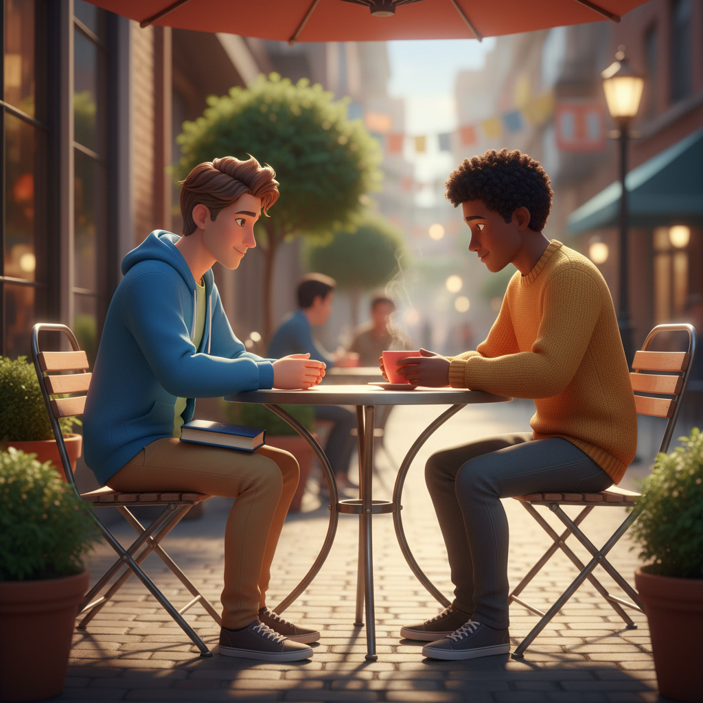 Dois homens em diálogo respeitoso sobre fé em um café ao ar livre