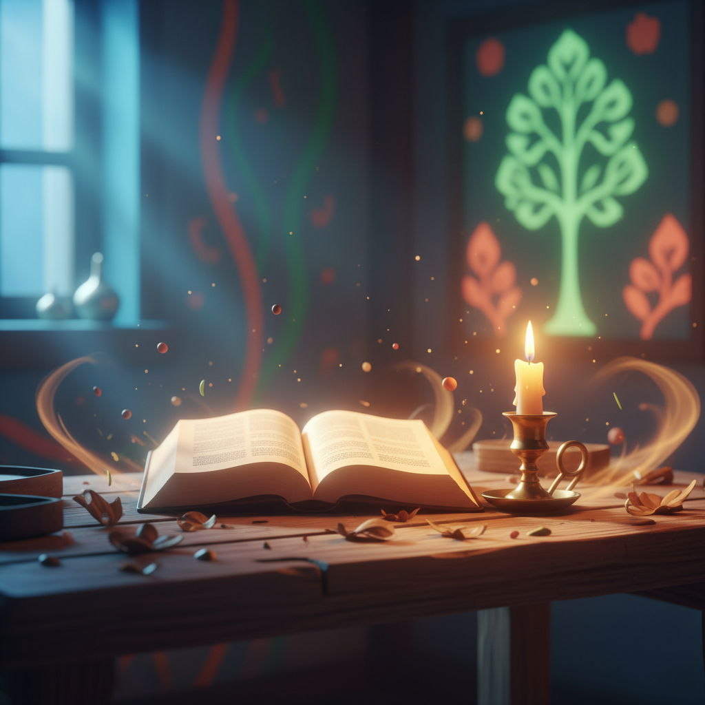Bíblia aberta no livro de Salmos iluminada por luz de vela
