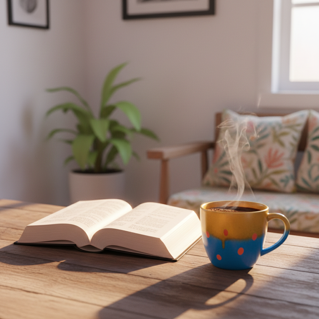 Bíblia aberta sobre mesa simples com luz suave da manhã, ao lado de uma xícara de café