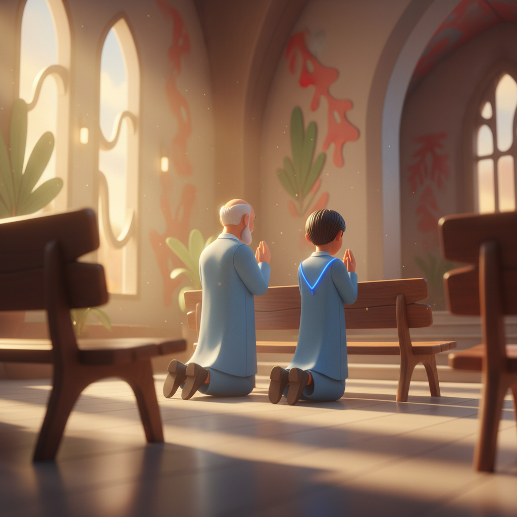 Pastor mentor orando com jovem líder em formação numa pequena igreja brasileira