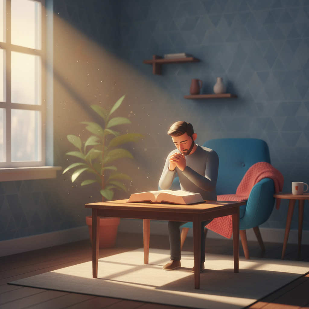 Homem orando com Bíblia aberta em quarto iluminado por luz suave, representando luta espiritual e esperança