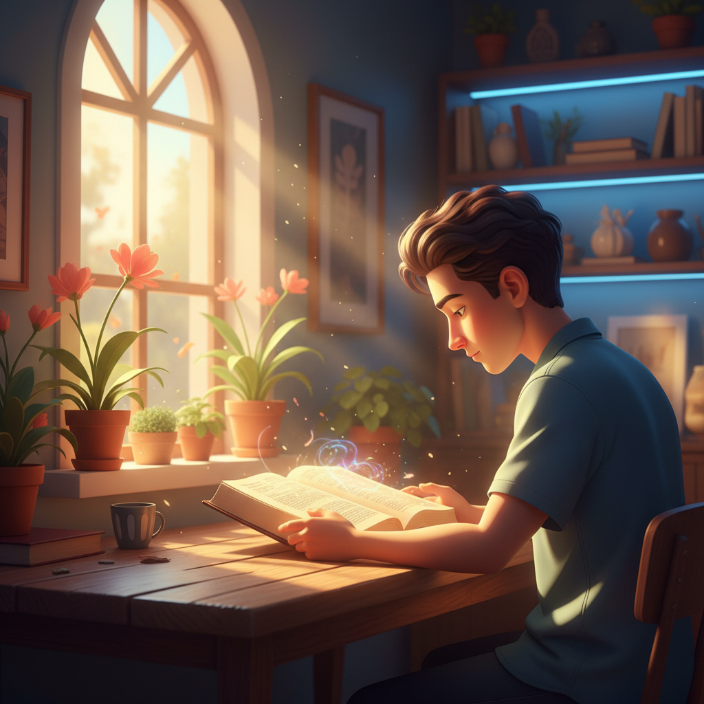 Jovem lendo a Bíblia à tarde com expressão reflexiva